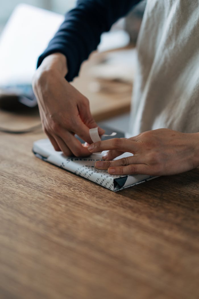 gallery-3 Close-up of hands wrapping a gift with paper and tape on a wooden table.