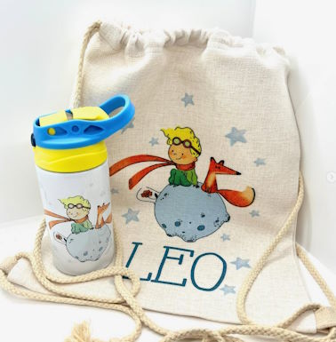 Pack personalizado con dibujo y nombre para niños. Bidón y bolsa de rafia - Regalos niños personalizado- Cositas and party Colmenar Viejo, Madrid